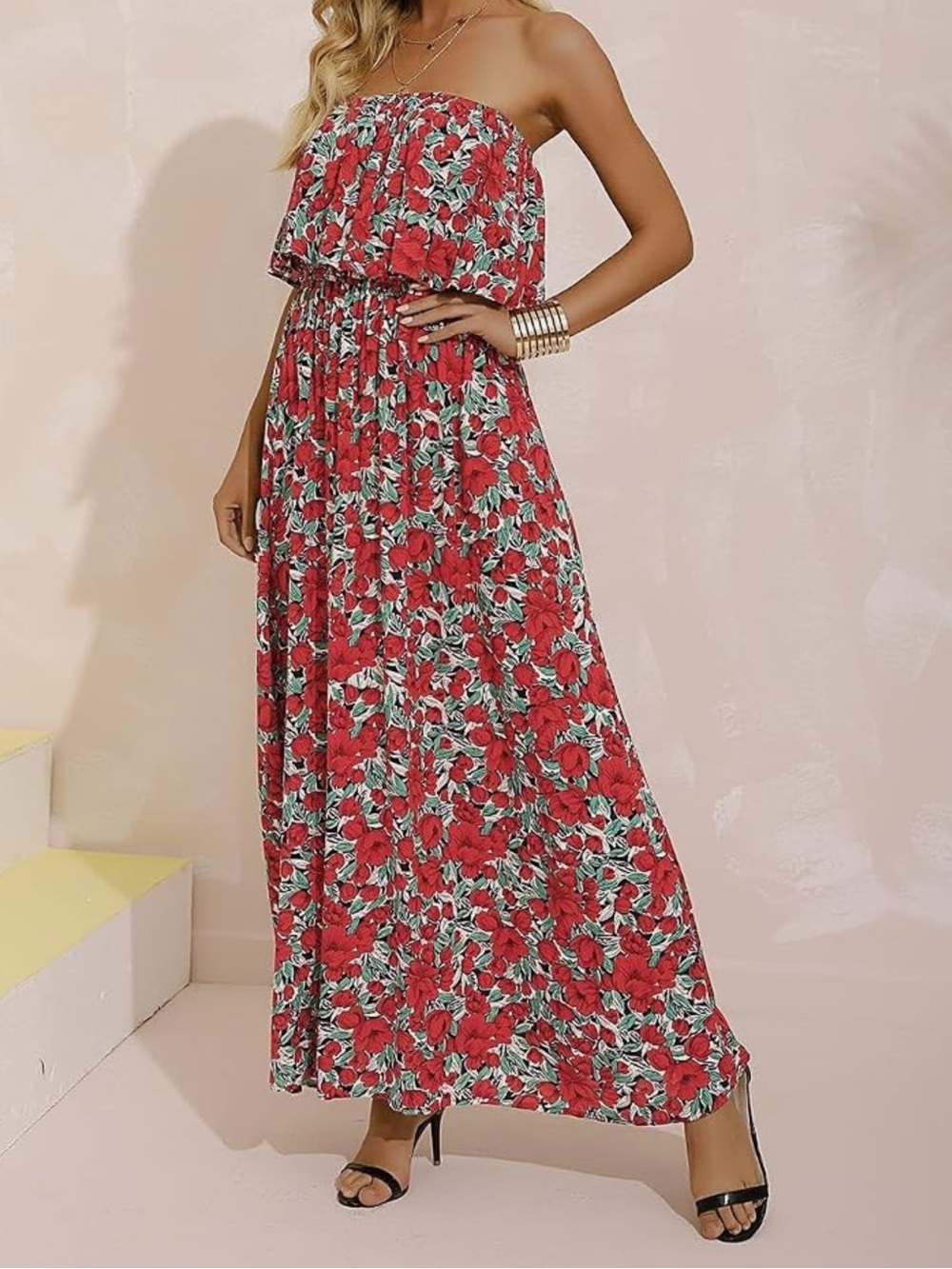 Red Floral Off-Shoulder Strapless Maxi Dress